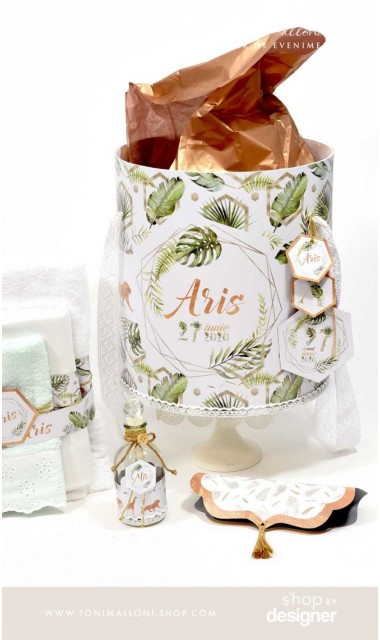 Trusou de botez cu animale gold din jungla si pattern frunze palmier Gold Jungle Tropical 2